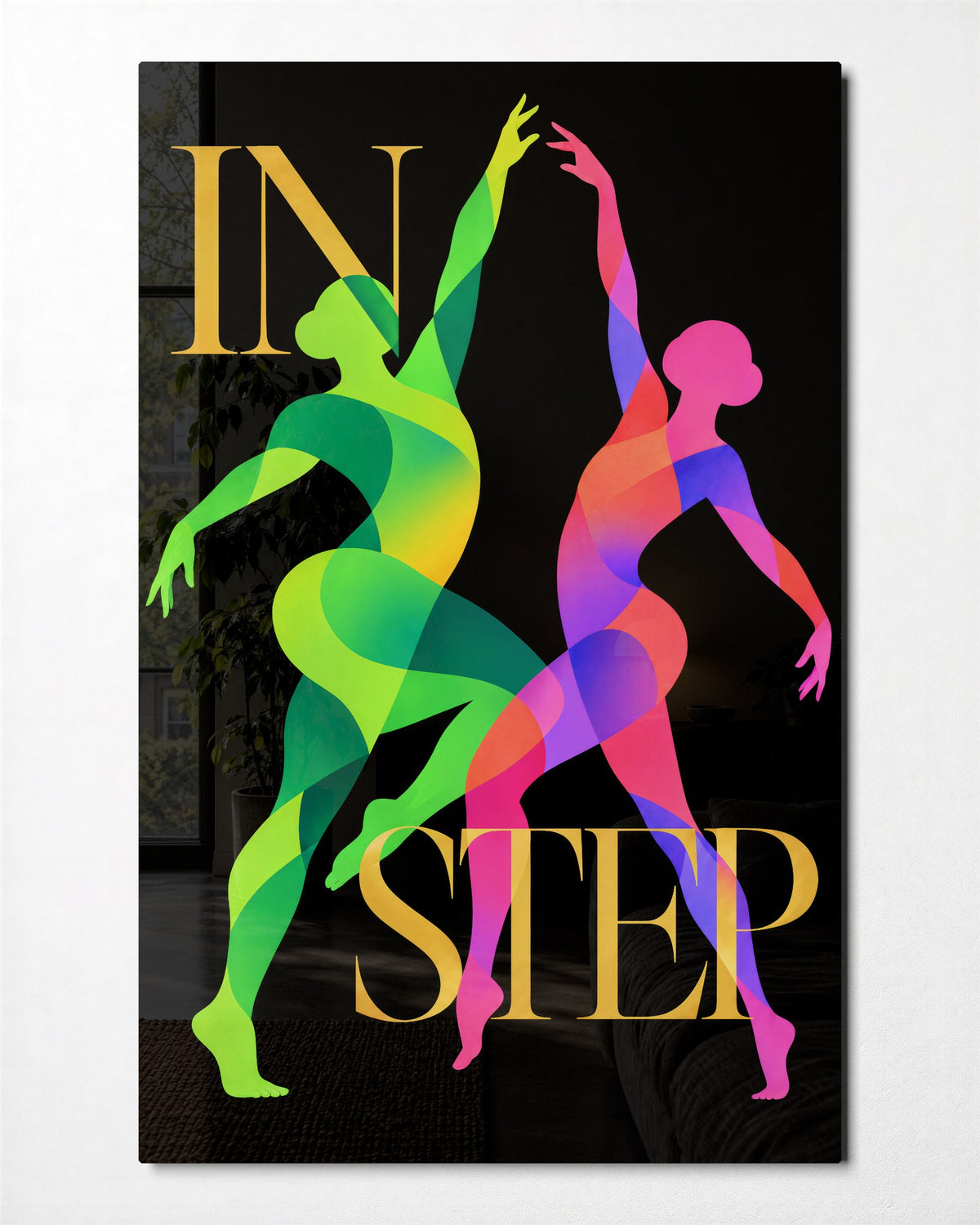 Two Dancers, Matched Strides glass wall art, front view