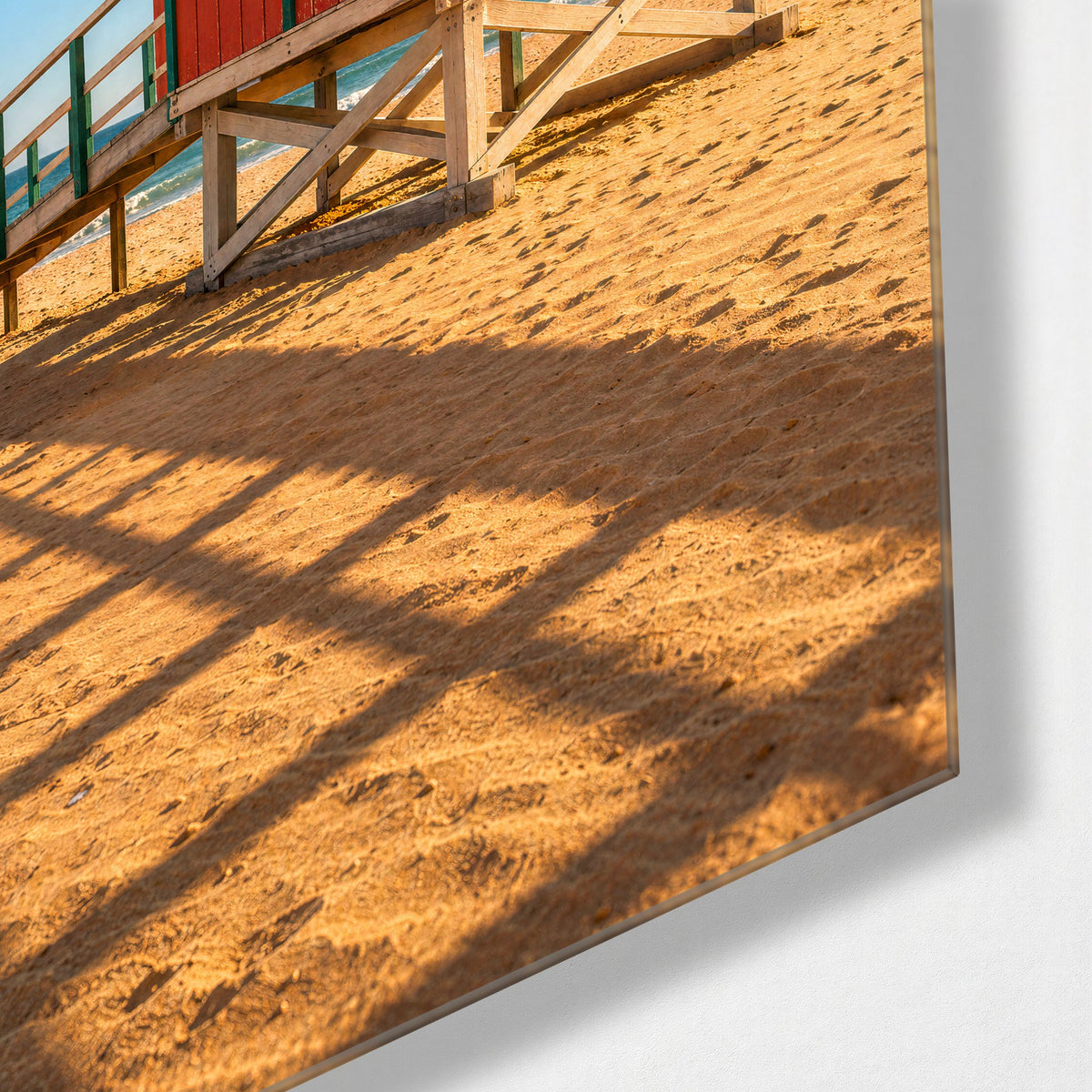 Boardwalk to Nowhere Else glass wall art, corner view