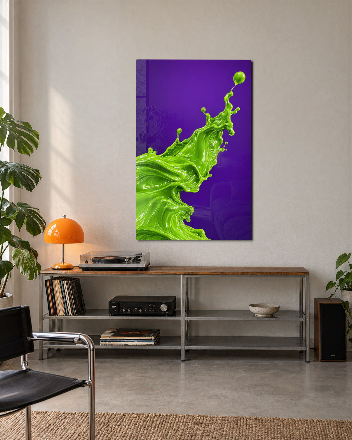 Neon Splash Mid-Air glass wall art, lifestyle view