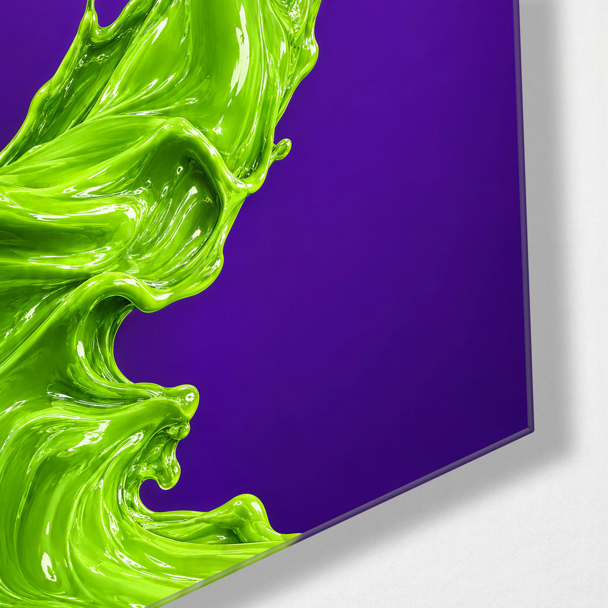 Neon Splash Mid-Air glass wall art, corner view