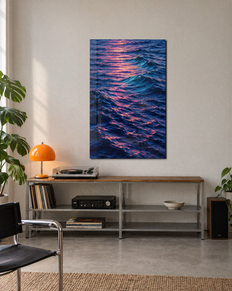Evening Swell glass wall art, lifestyle view