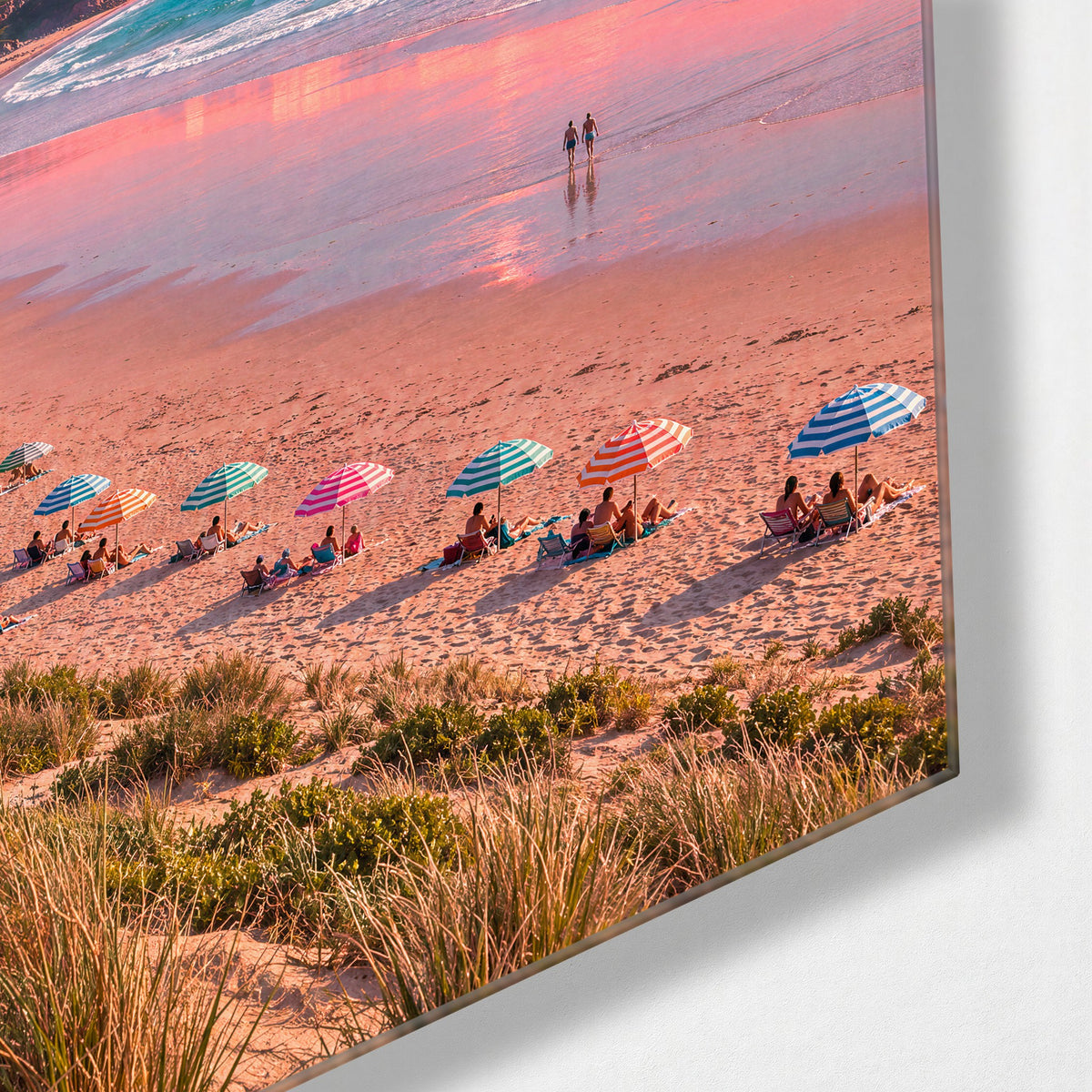 Pale Sand, Soft Sky glass wall art, corner view