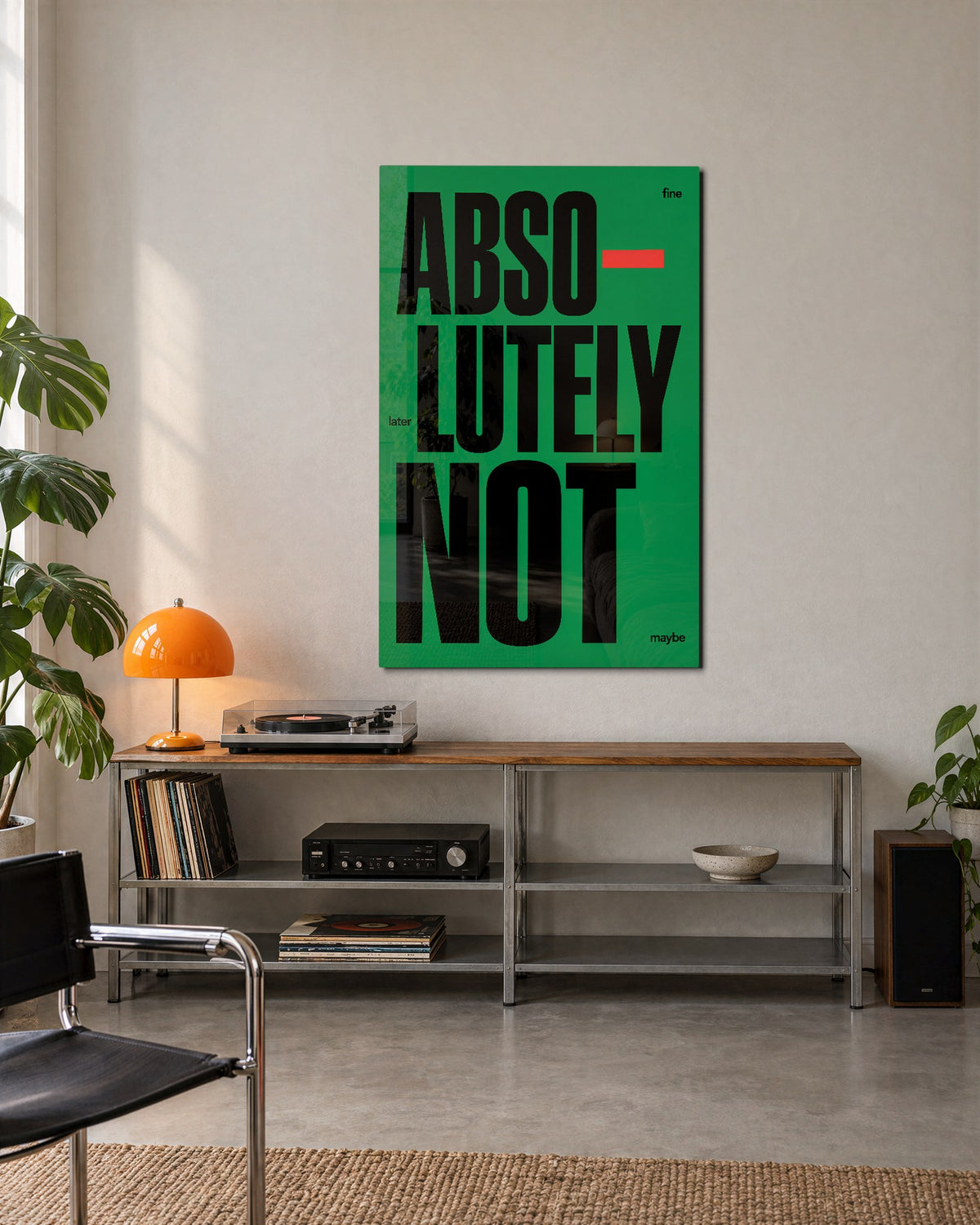 A Firm No, Three Lines glass wall art, lifestyle view