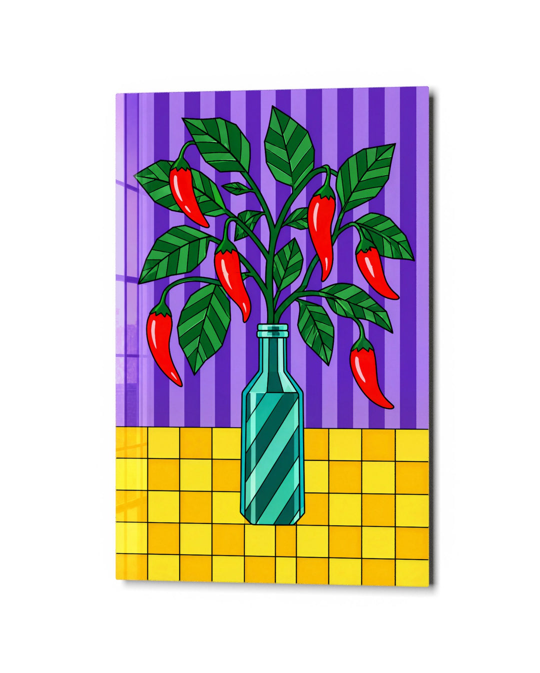 Bottled Peppers glass wall art, studio view