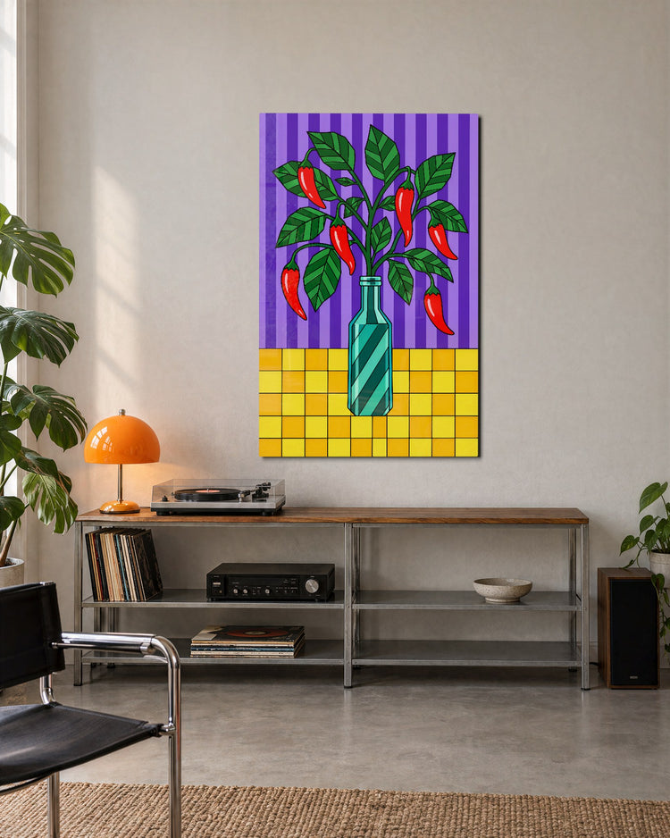 Bottled Peppers glass wall art, lifestyle view