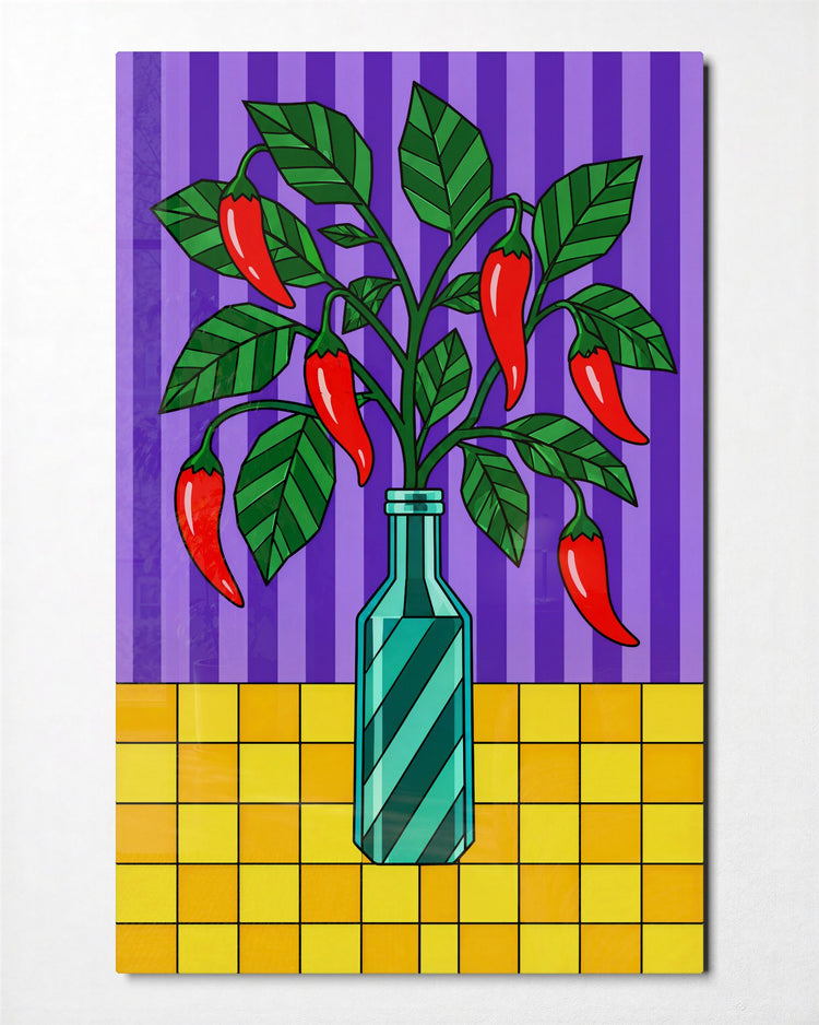 Bottled Peppers glass wall art, front view