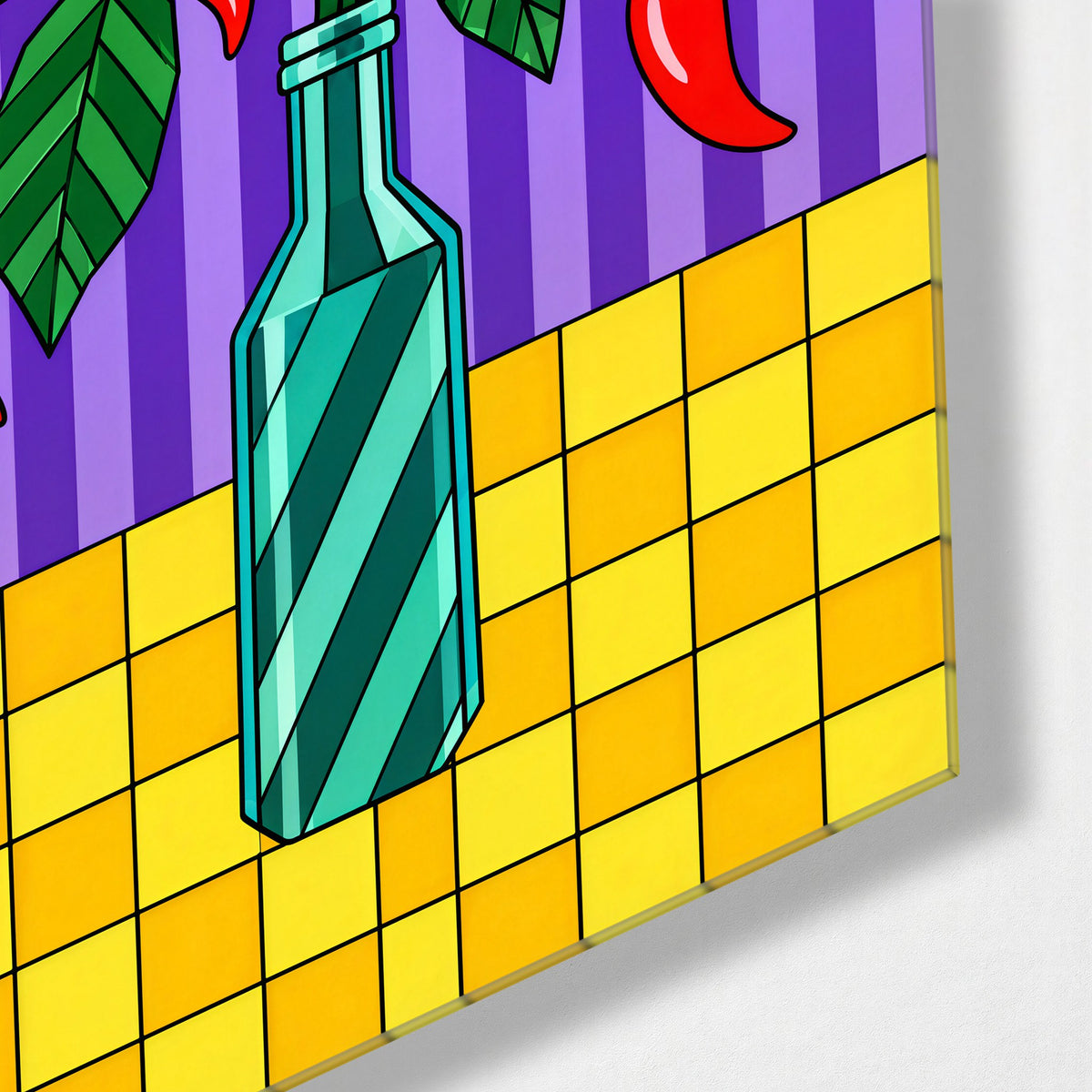Bottled Peppers glass wall art, corner view