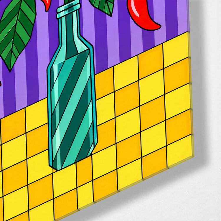 Bottled Peppers glass wall art, corner view