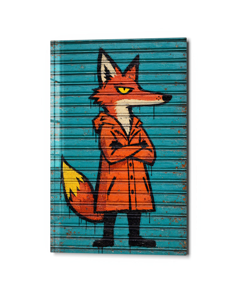 Arms Crossed, Tail Down glass wall art, studio view
