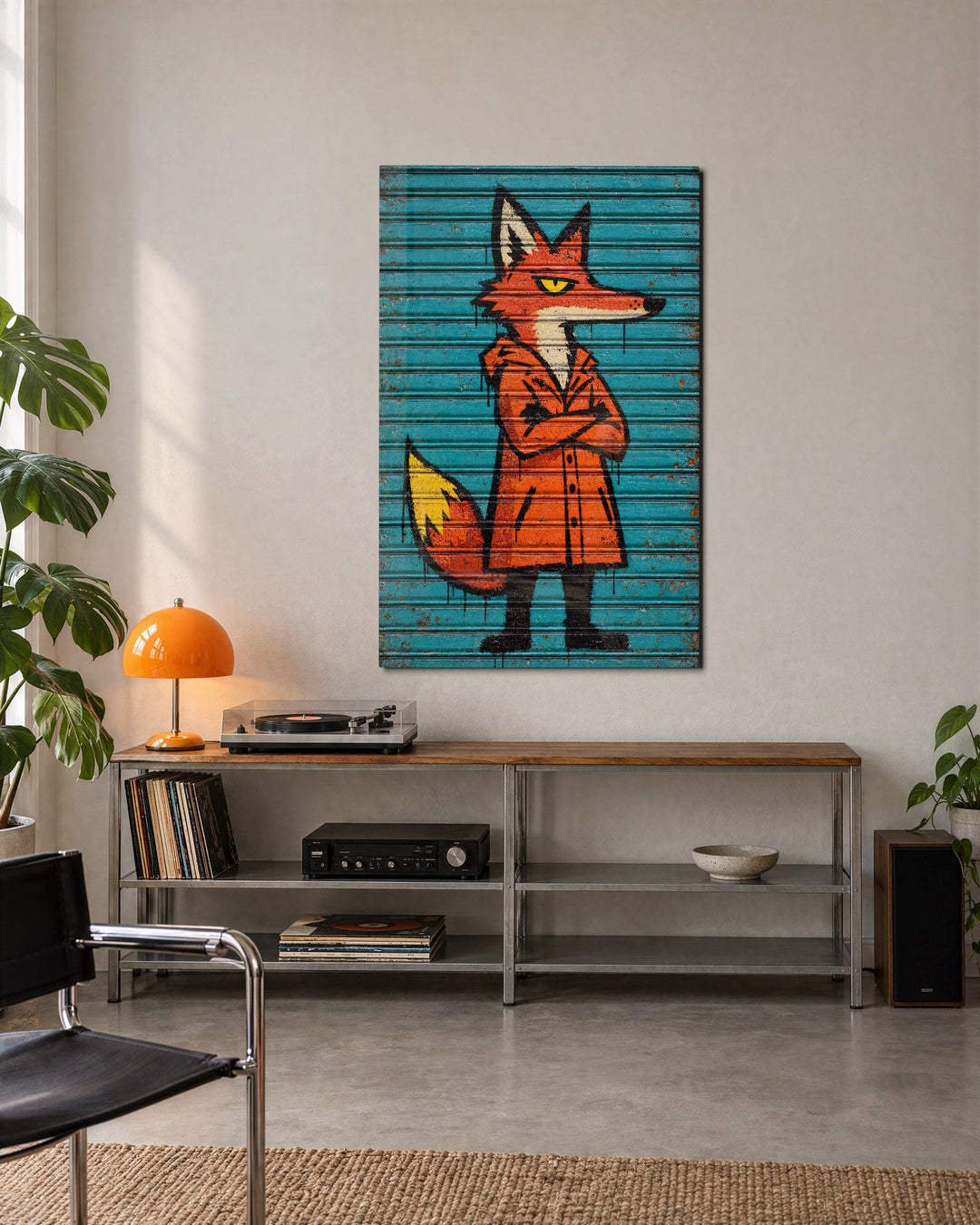 Arms Crossed, Tail Down glass wall art, lifestyle view
