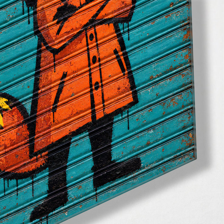 Arms Crossed, Tail Down glass wall art, corner view