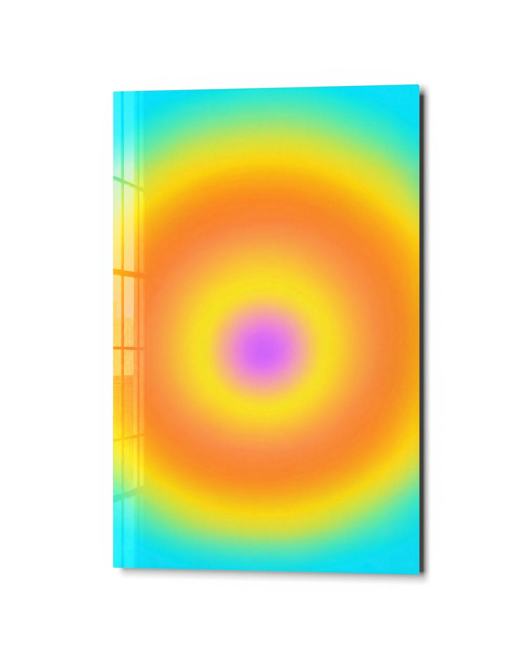 Blurred Bullseye glass wall art, studio view
