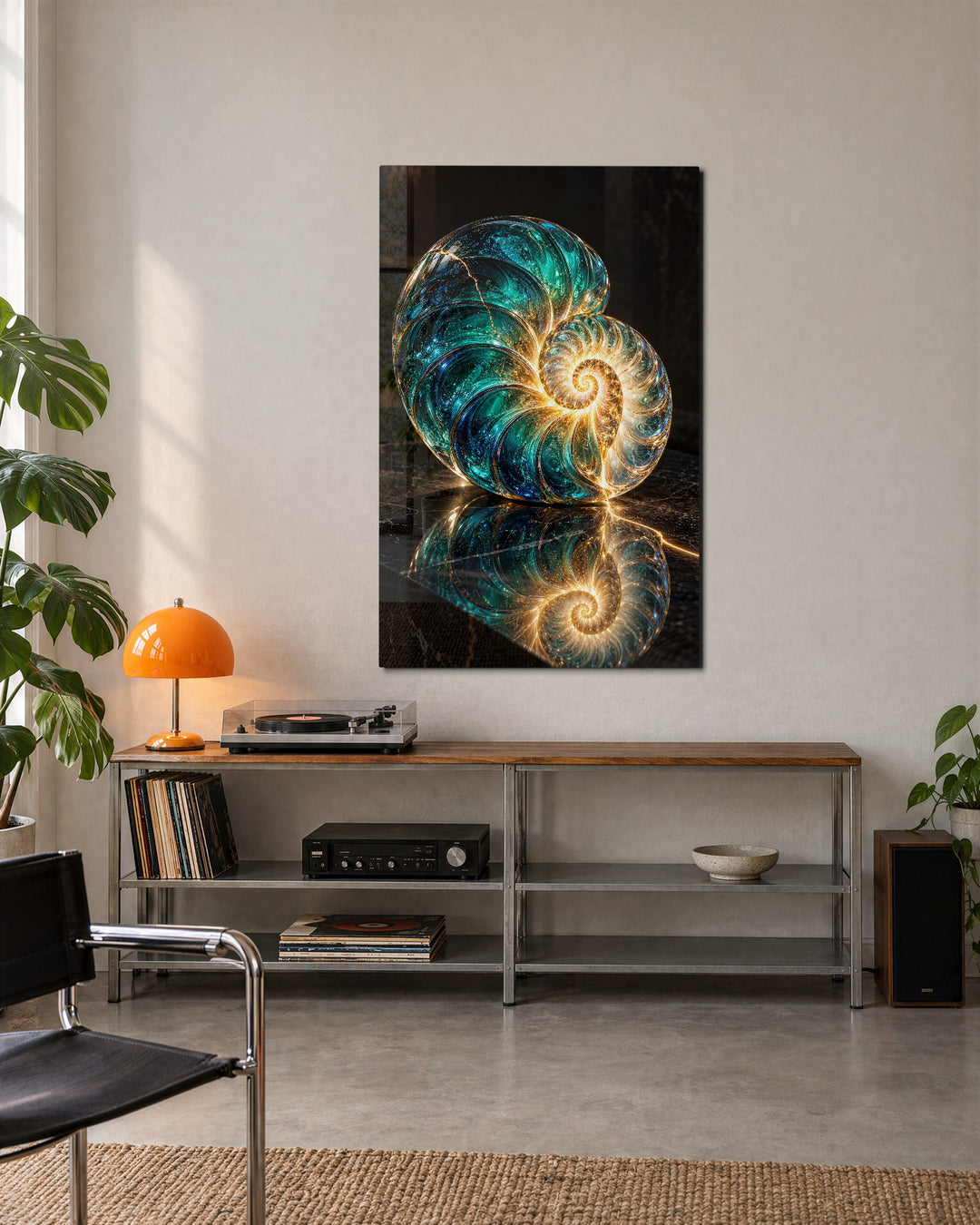 Shell Game glass wall art, lifestyle view