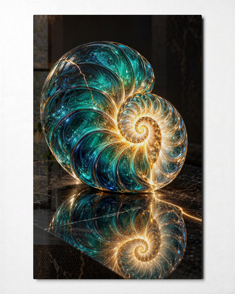 Shell Game glass wall art, front view