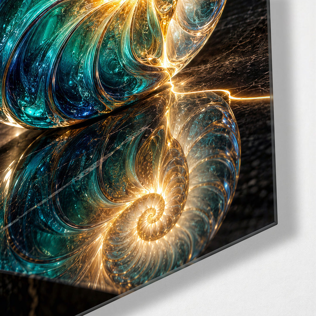 Shell Game glass wall art, corner view