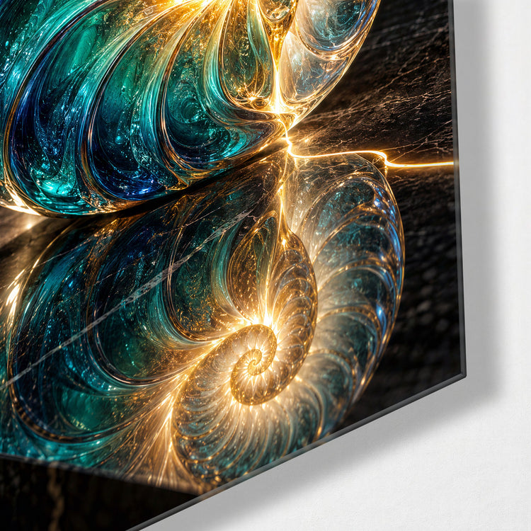 Shell Game glass wall art, corner view