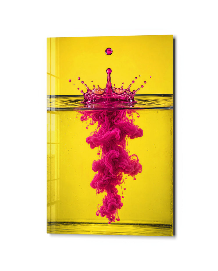 A Splash Wearing a Crown glass wall art, studio view