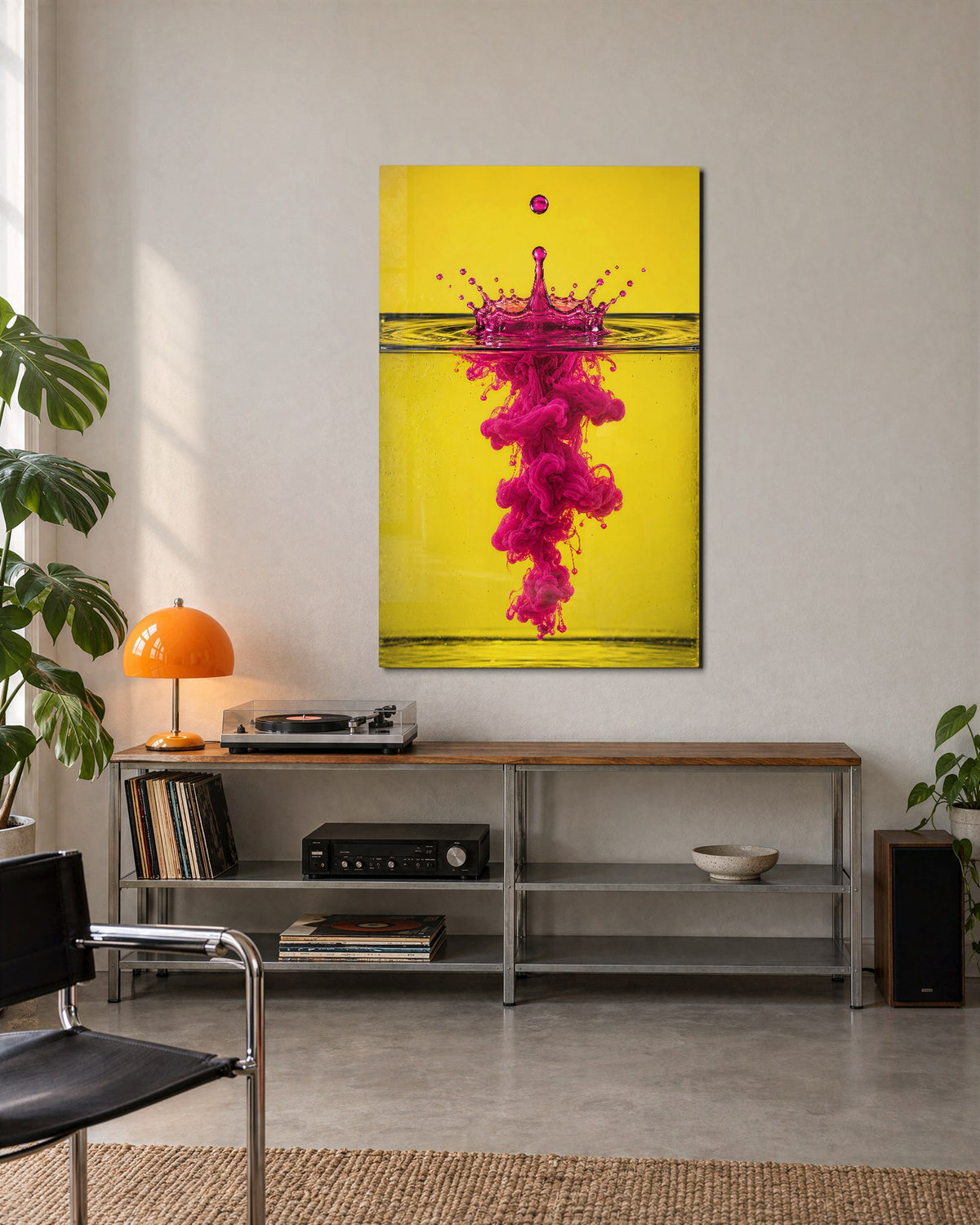 A Splash Wearing a Crown glass wall art, lifestyle view