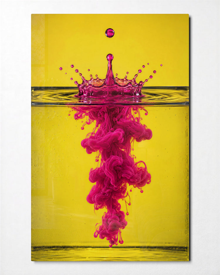 A Splash Wearing a Crown glass wall art, front view