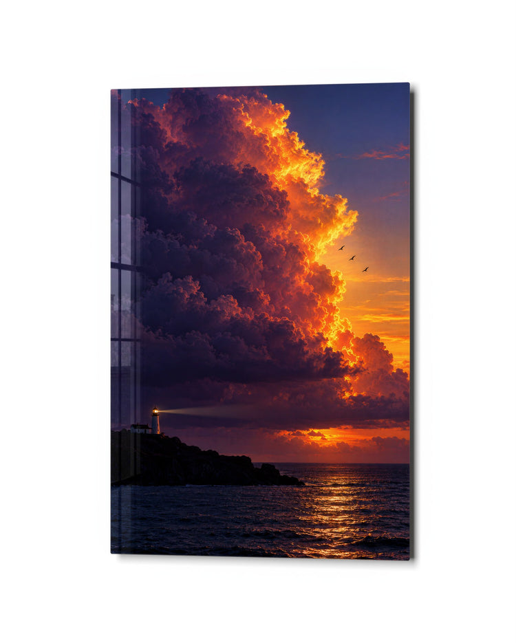 Sea, Lighthouse, Burning Sky glass wall art, studio view