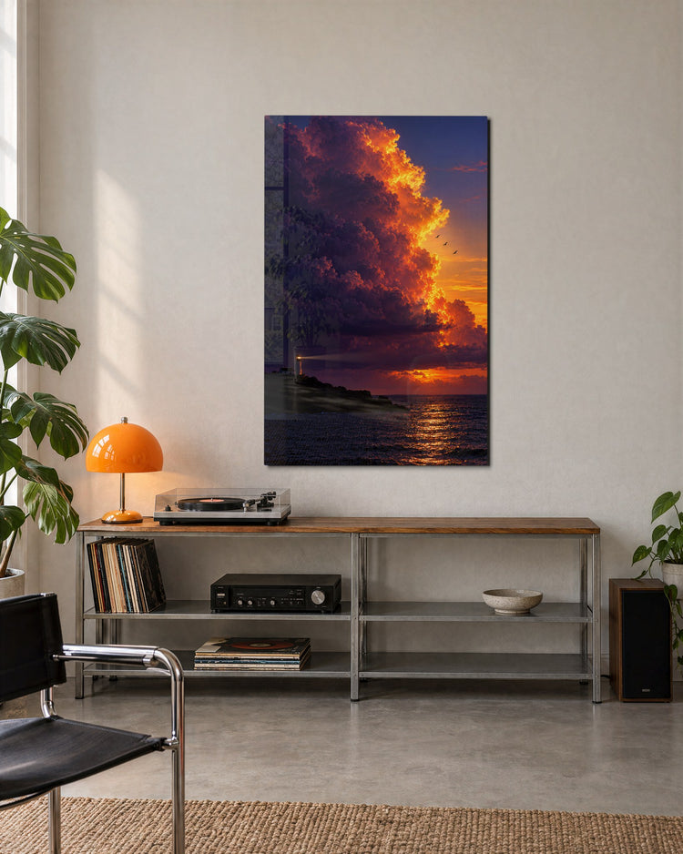 Sea, Lighthouse, Burning Sky glass wall art, lifestyle view