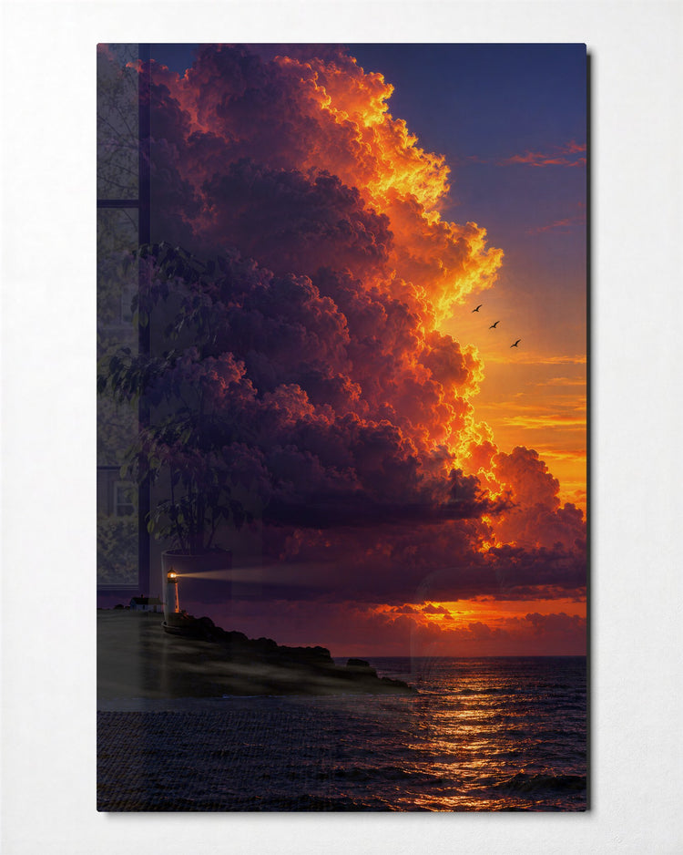 Sea, Lighthouse, Burning Sky glass wall art, front view