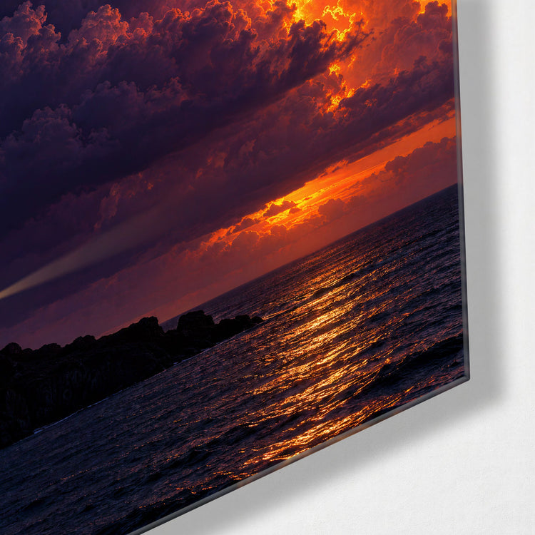 Sea, Lighthouse, Burning Sky glass wall art, corner view
