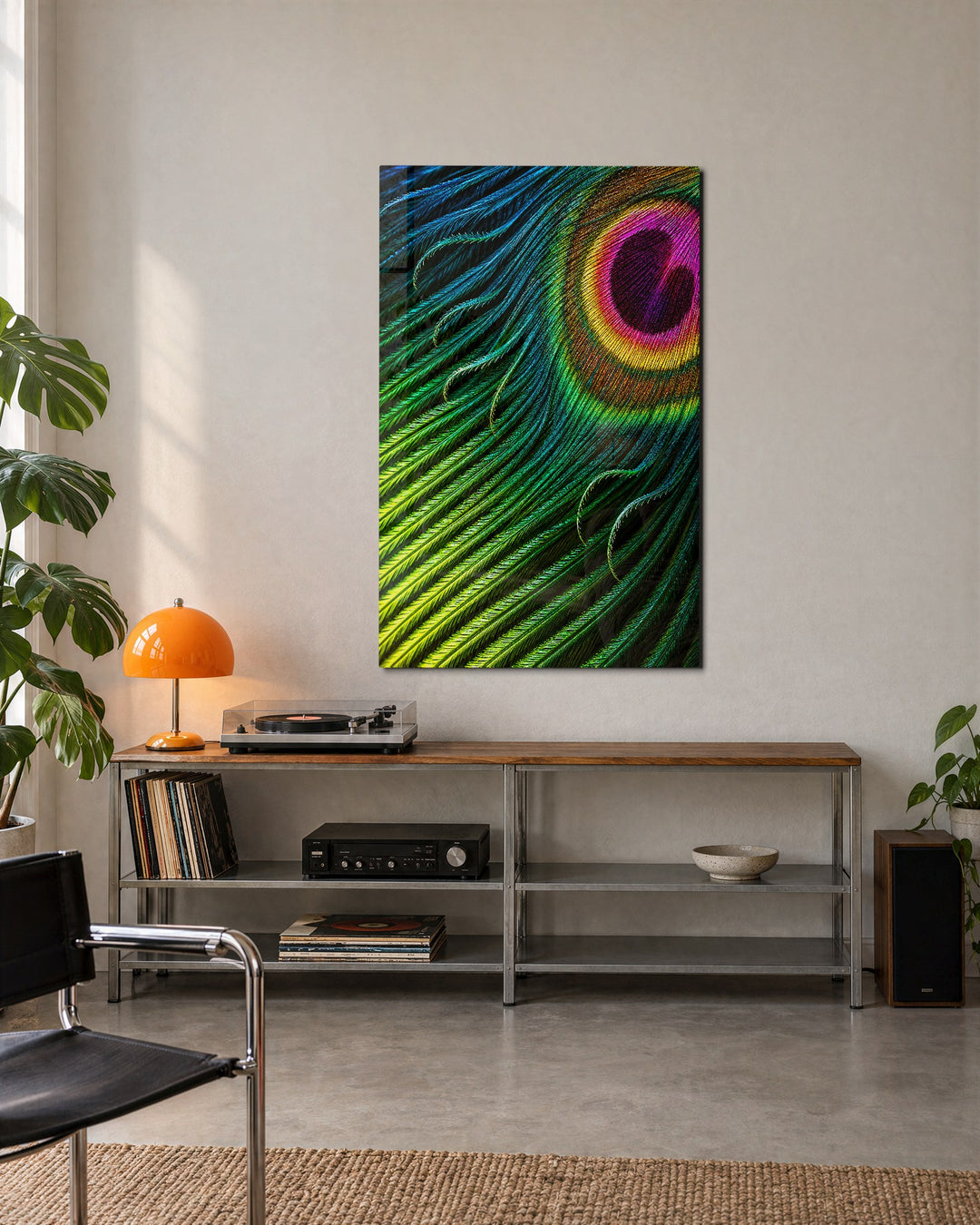 Eye of the Plume glass wall art, lifestyle view