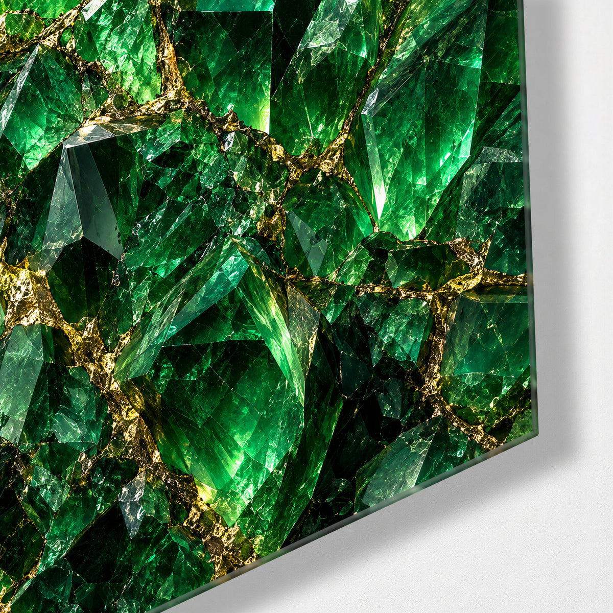 Emerald Shards glass wall art, corner view