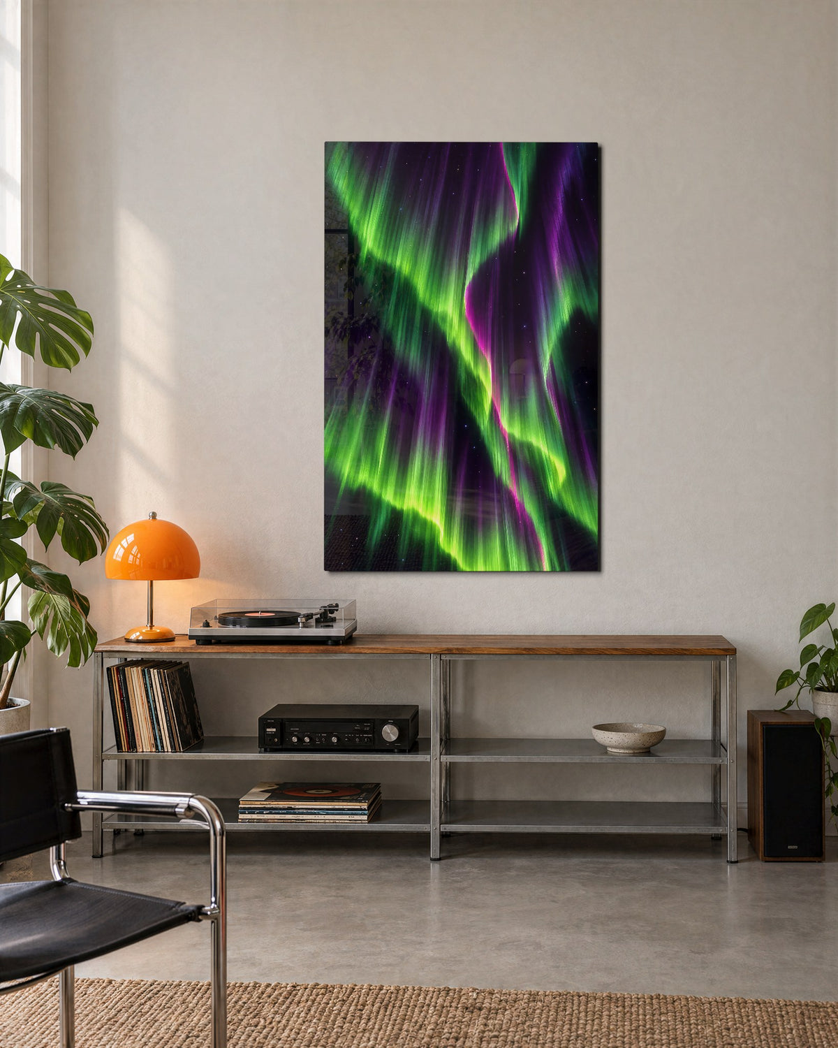Aurora Over Violet glass wall art, lifestyle view