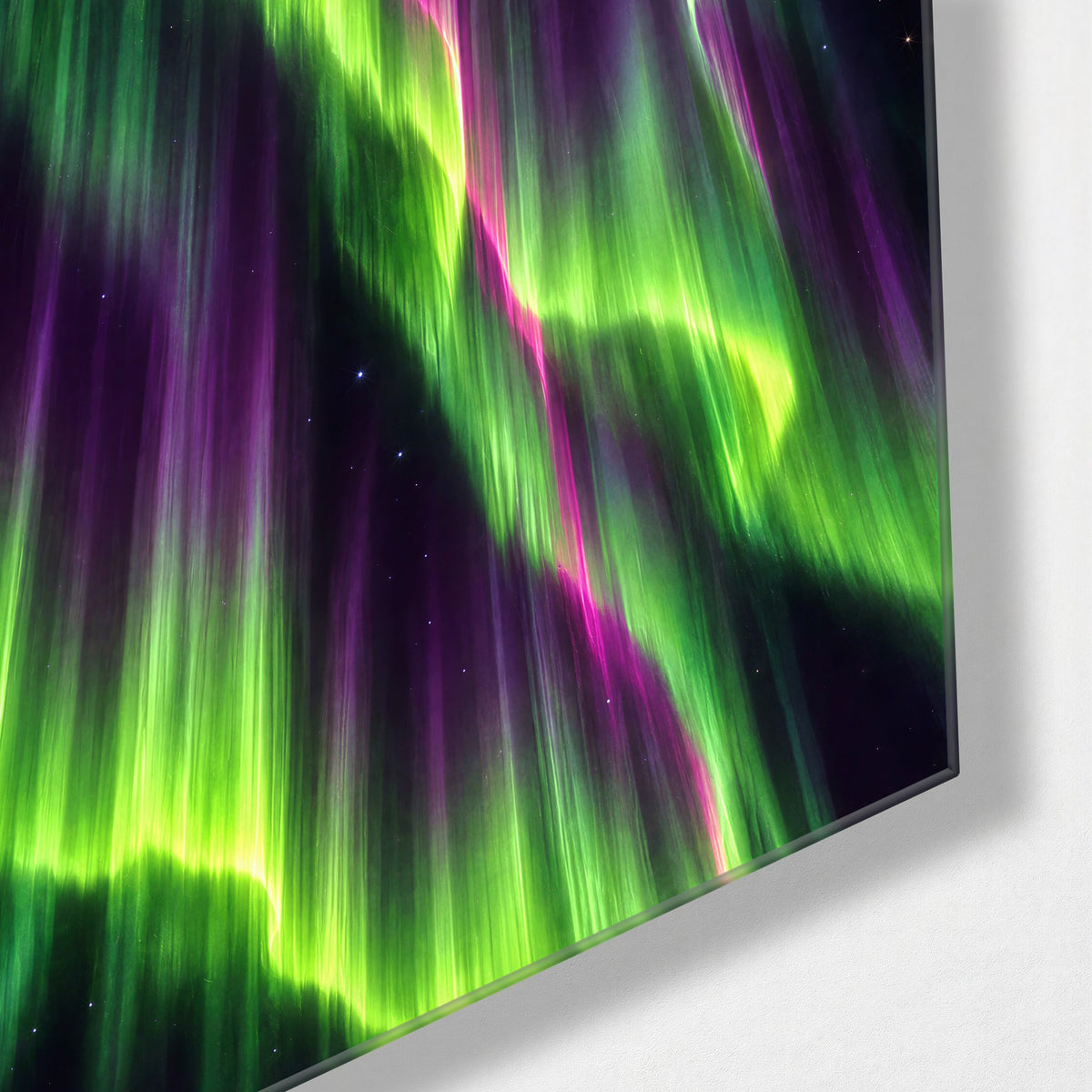Aurora Over Violet glass wall art, corner view