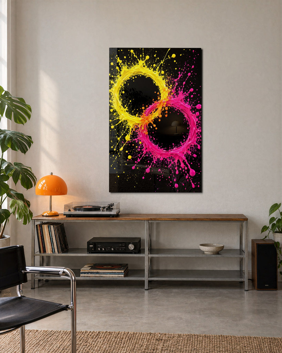 Twin Halos glass wall art, lifestyle view