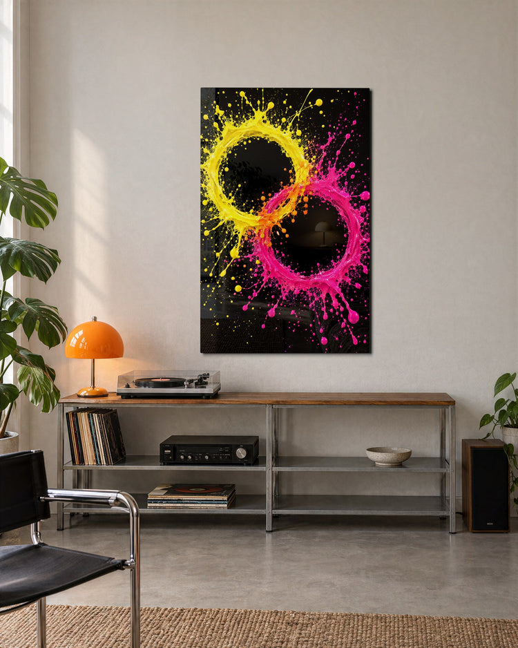 Twin Halos glass wall art, lifestyle view