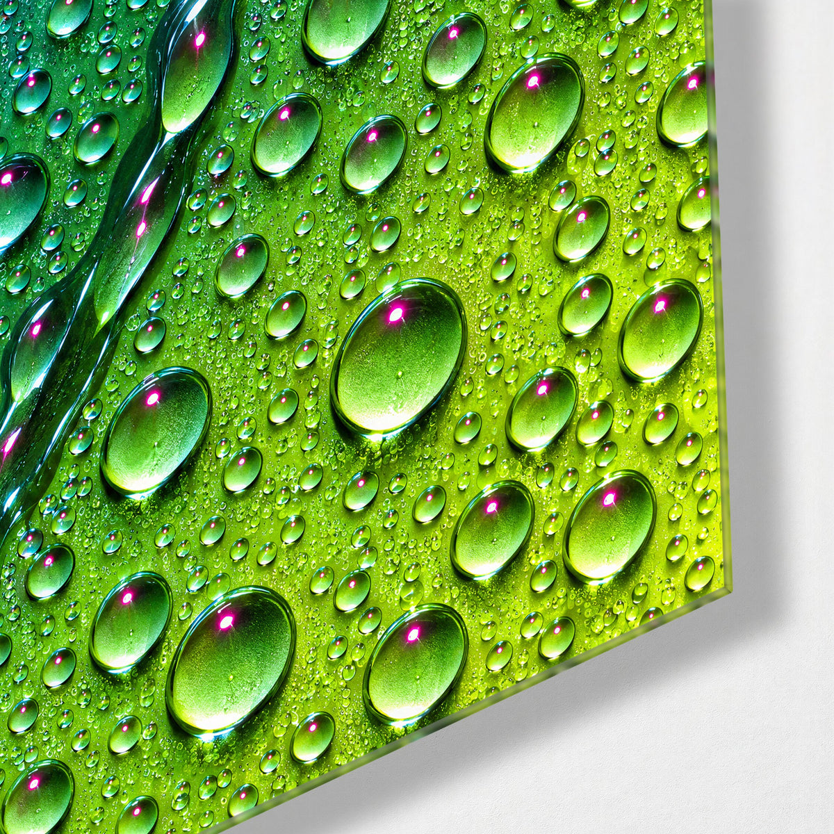 Rain on a Green Leaf glass wall art, corner view