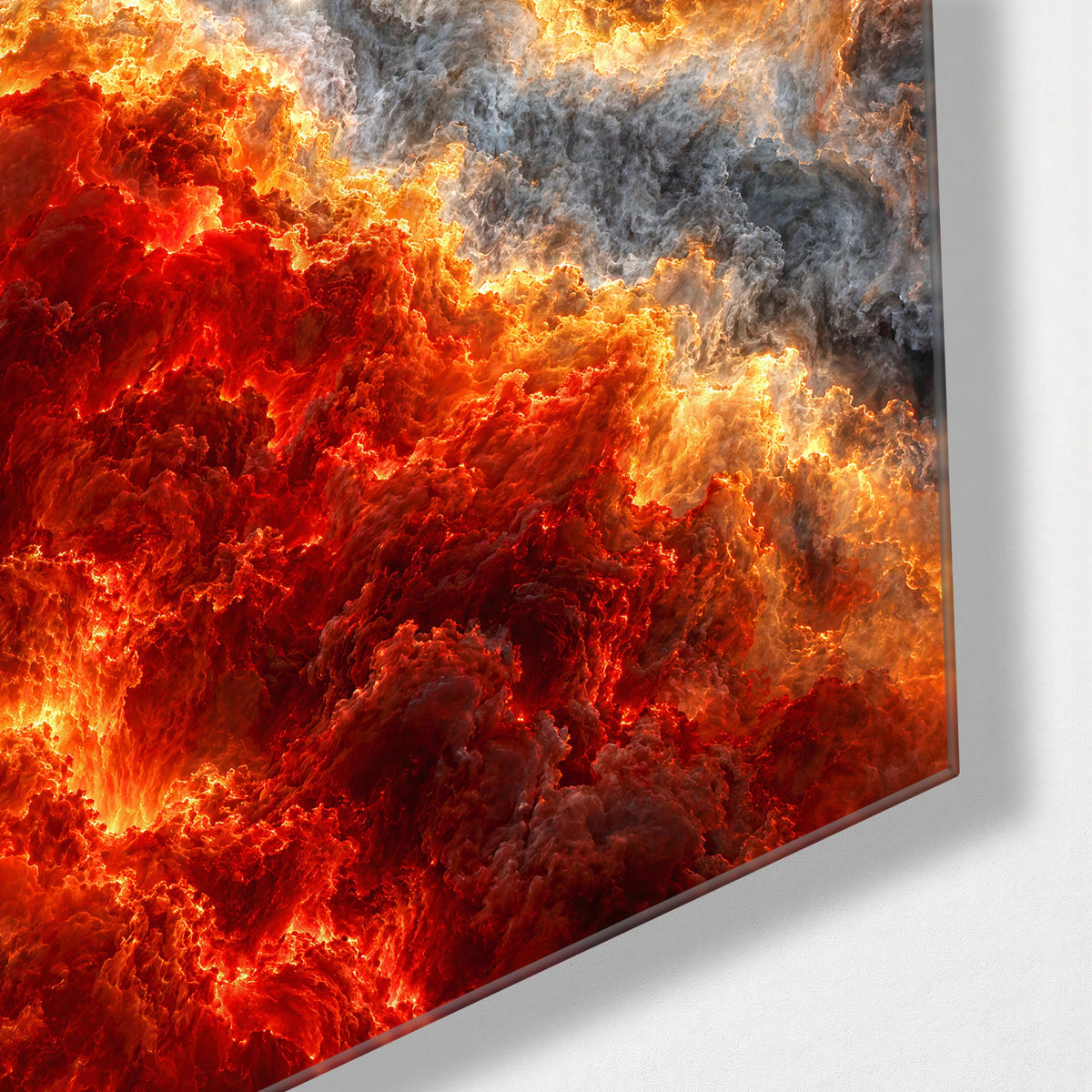 Smolder with a Gap glass wall art, corner view