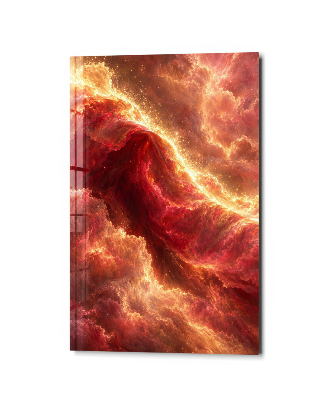 Gold Edge, Crimson Swirl glass wall art, studio view