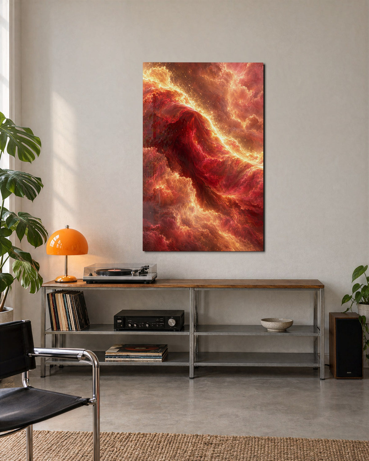 Gold Edge, Crimson Swirl glass wall art, lifestyle view