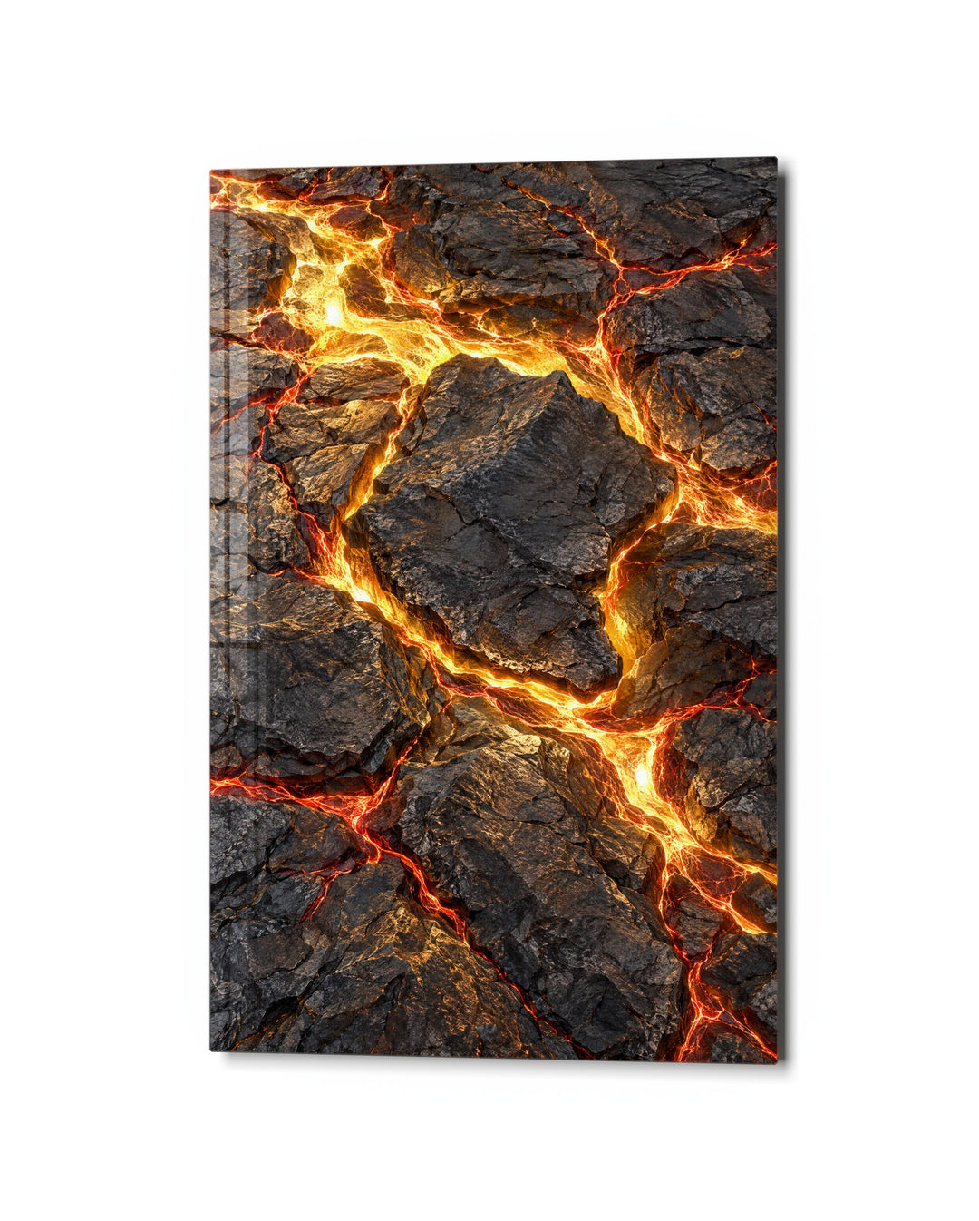 Glowing Cracks in Black Rock glass wall art, studio view