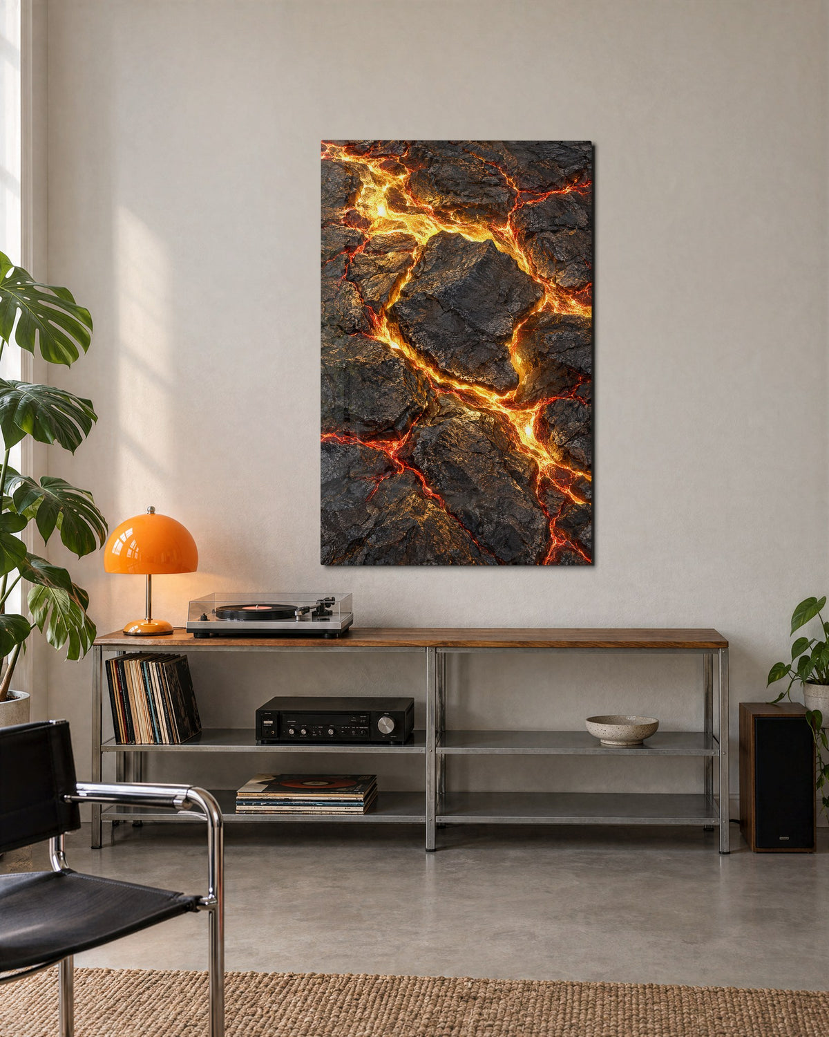 Glowing Cracks in Black Rock glass wall art, lifestyle view