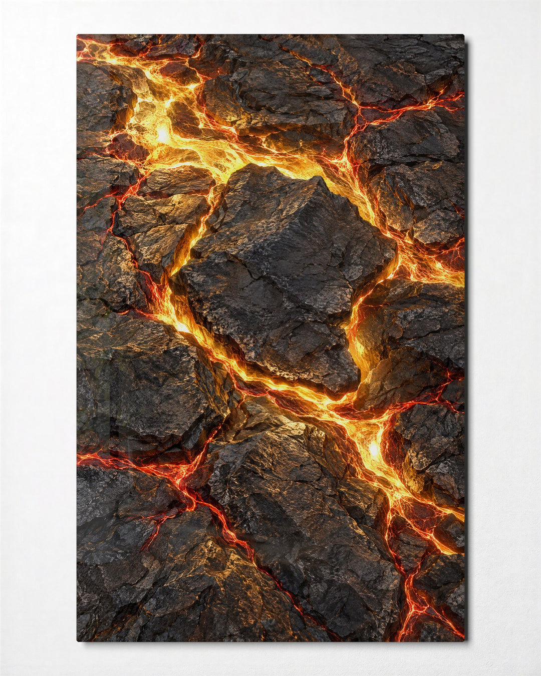 Glowing Cracks in Black Rock glass wall art, front view
