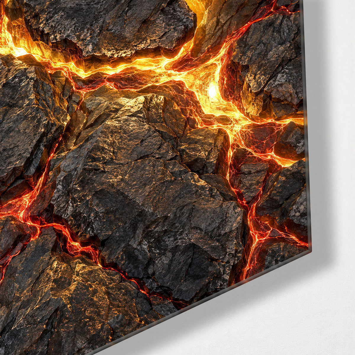 Glowing Cracks in Black Rock glass wall art, corner view