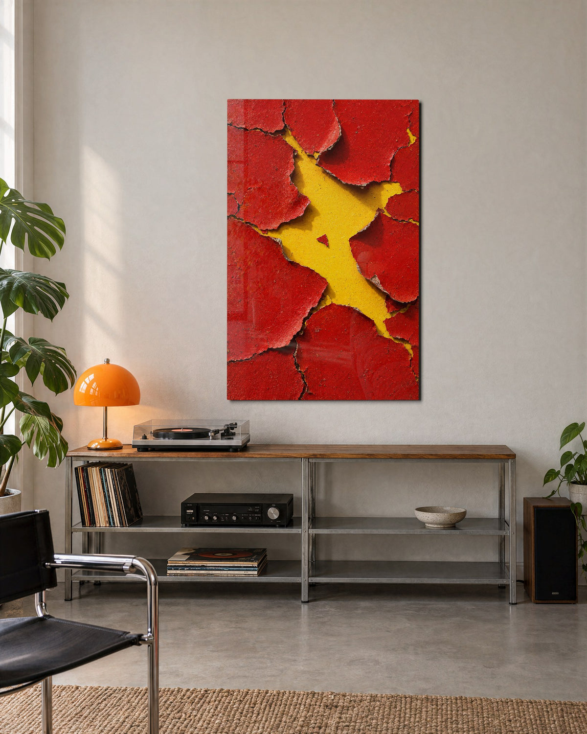 Peeling Scarlet on Sunshine glass wall art, lifestyle view