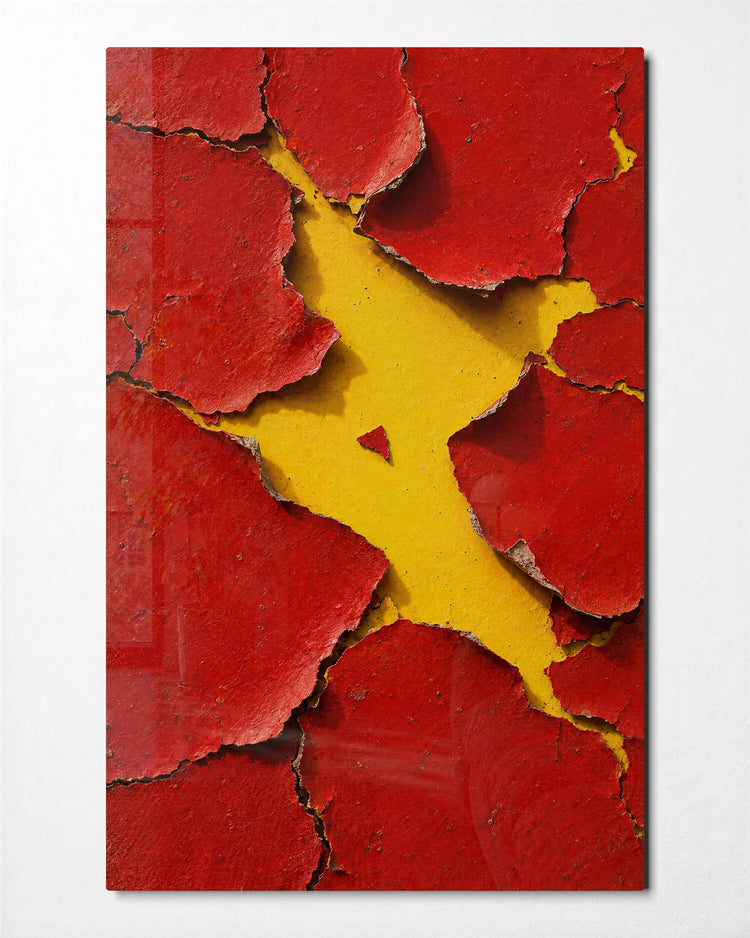 Peeling Scarlet on Sunshine glass wall art, front view