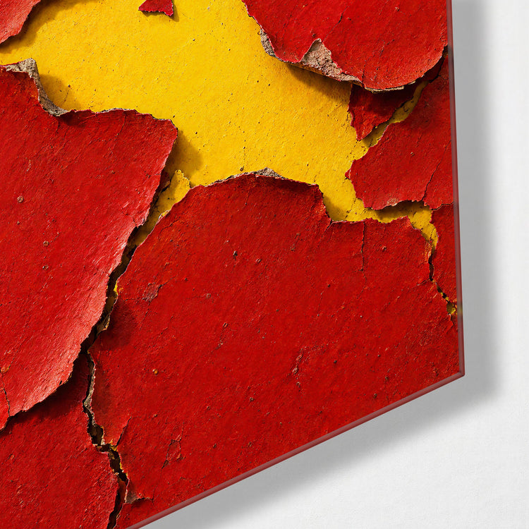 Peeling Scarlet on Sunshine glass wall art, corner view