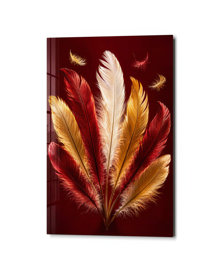 Plumage in Red glass wall art, studio view