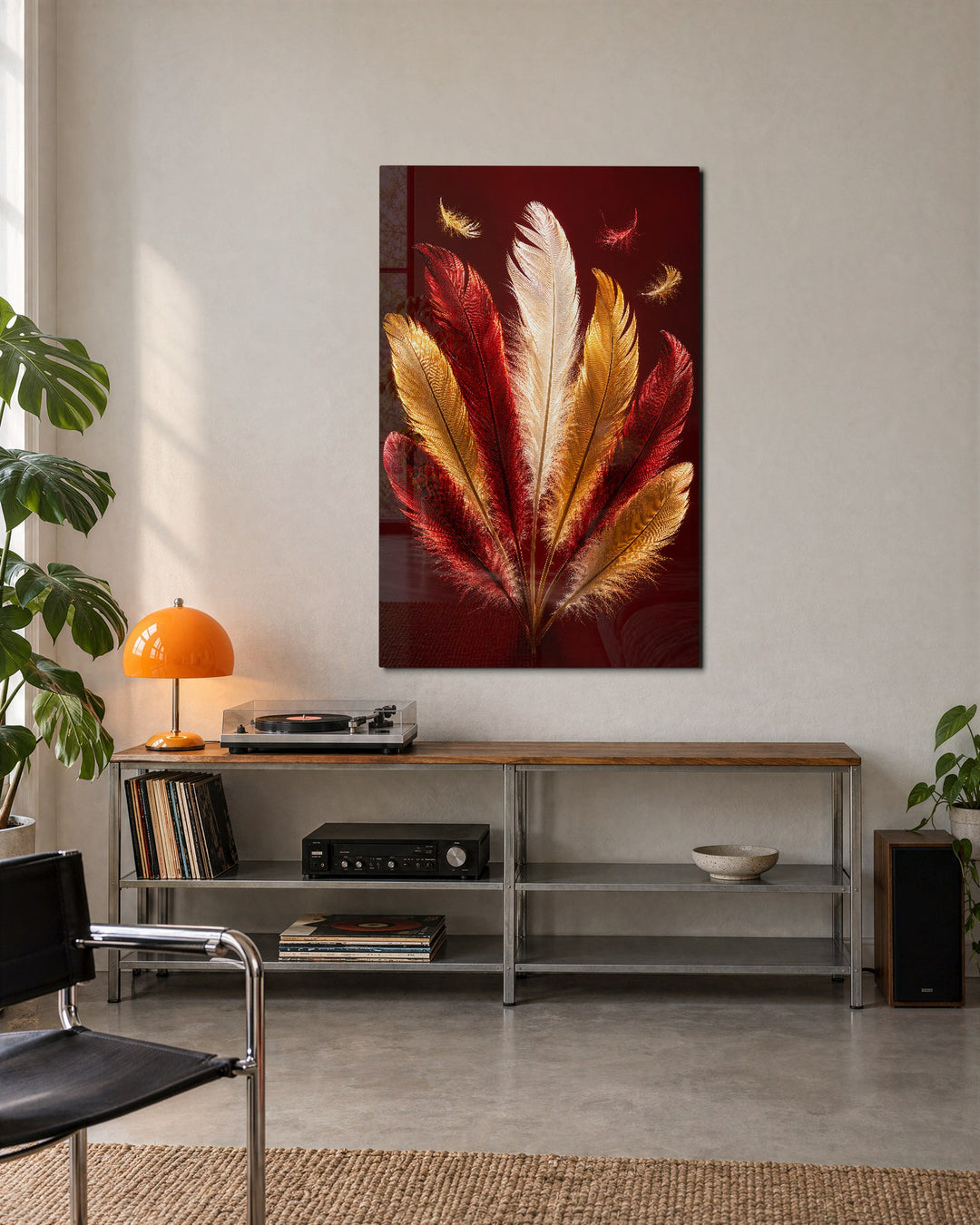 Plumage in Red glass wall art, lifestyle view