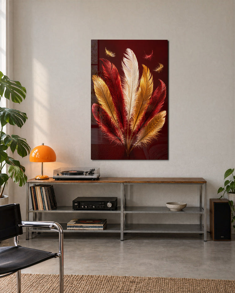 Plumage in Red glass wall art, lifestyle view