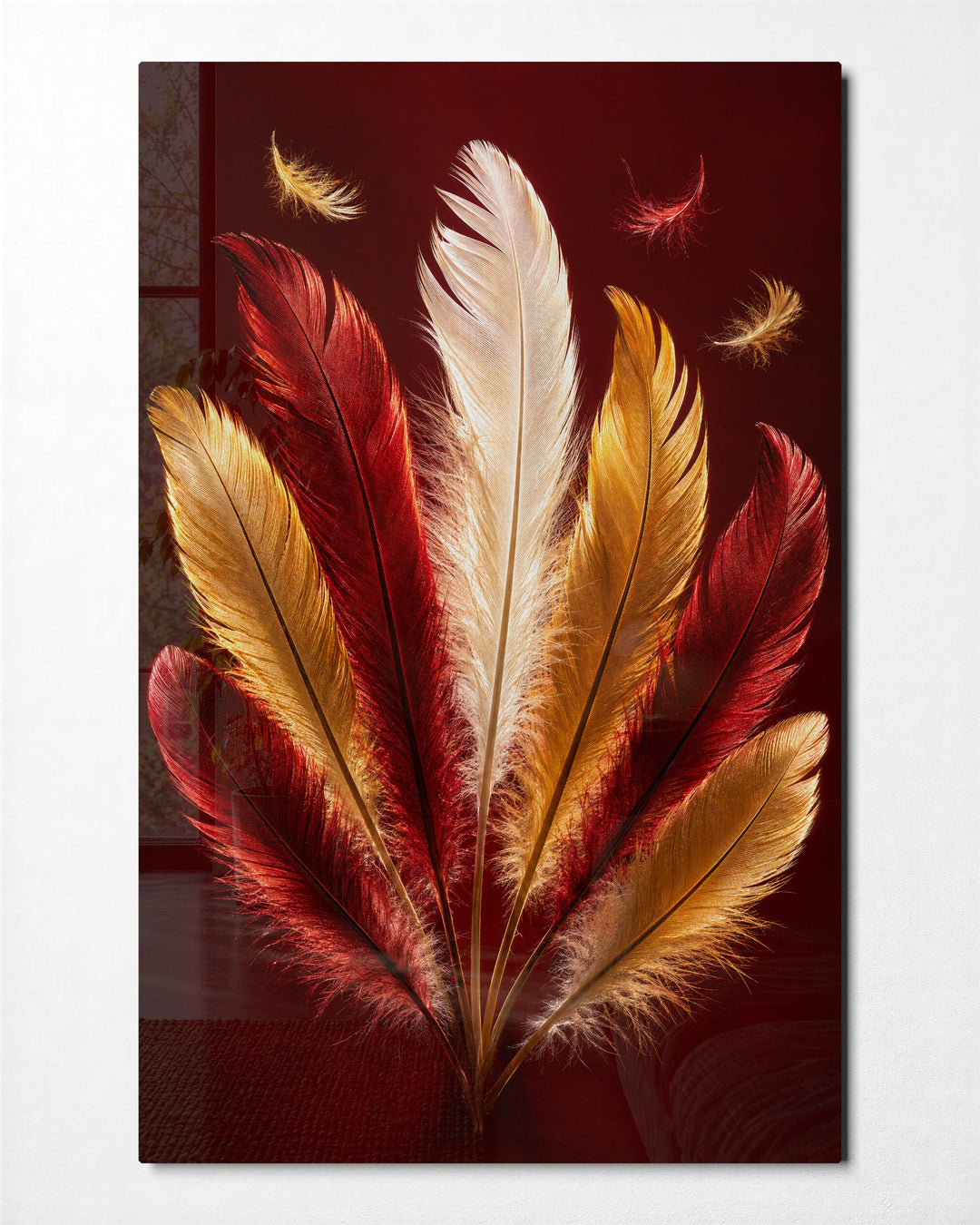 Plumage in Red glass wall art, front view