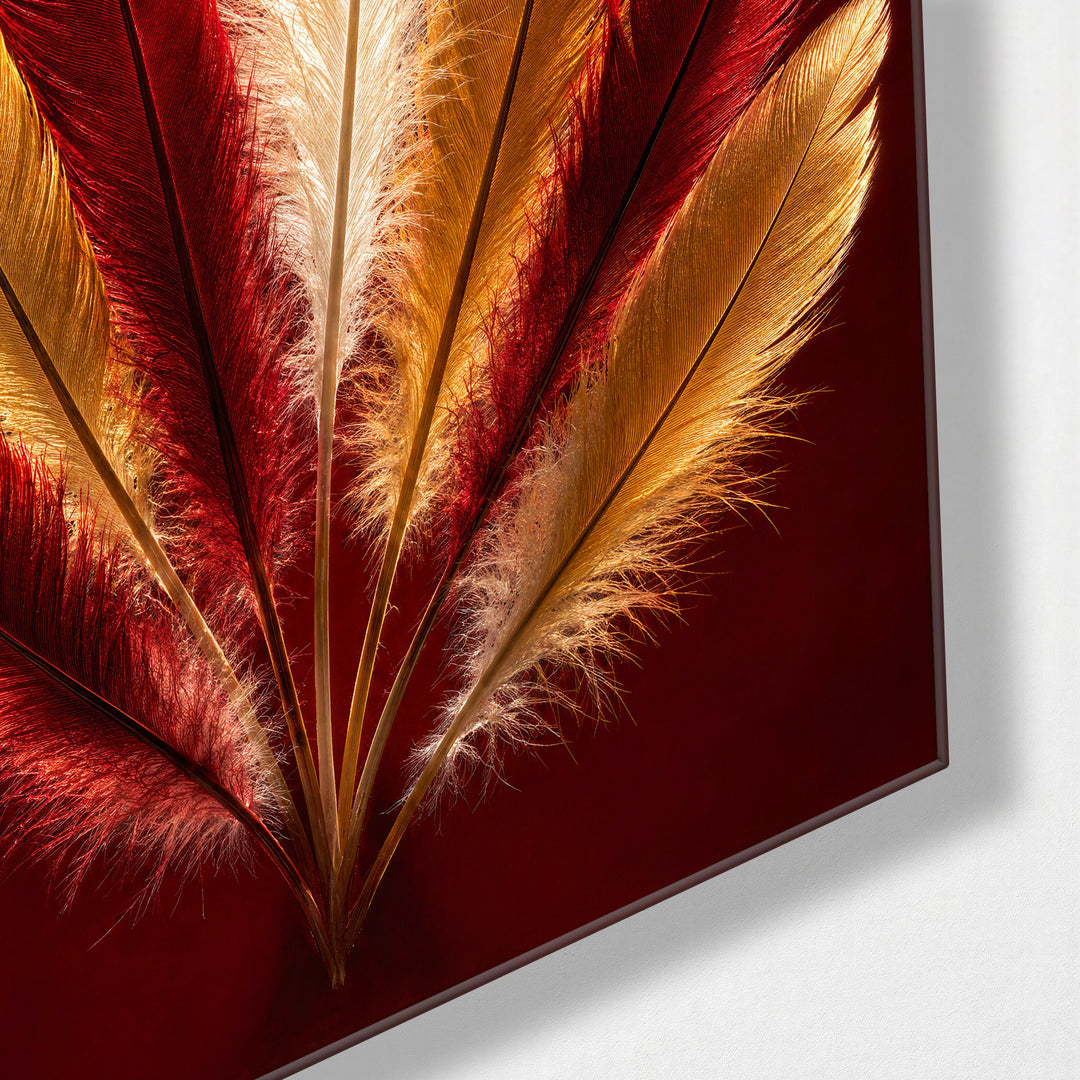 Plumage in Red glass wall art, corner view