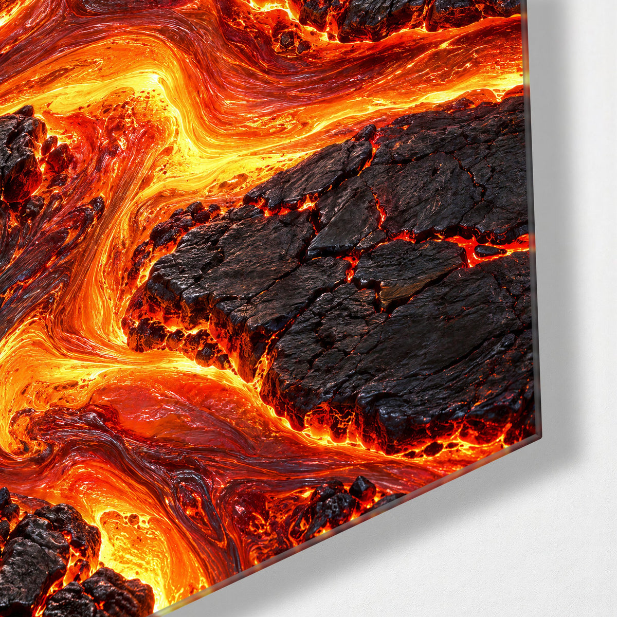 Lava Map glass wall art, corner view